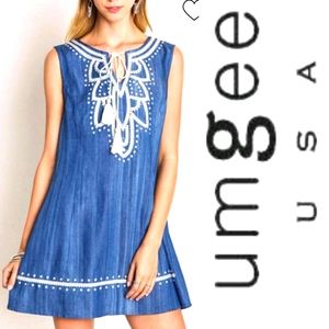 EMBROIDERED CHAMBRAY DRESS